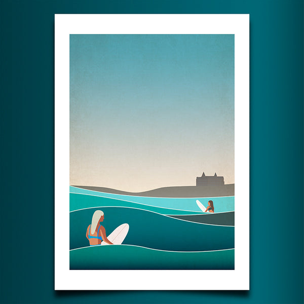 Headland Haze (Fistral Beach) Art Print (Blue Sky Version)
